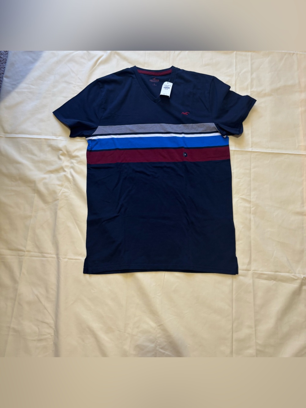 Hollister Navy Short Sleeve V-Neck Tee with Blue and Burgundy Stripes